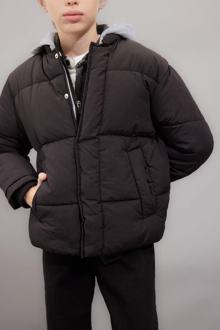 Boy Removable Hooded Zippered Waterproof Puffer Jacket - -