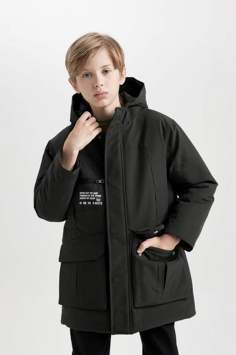 Boy Waterproof Hooded Zippered Pocketed Puffer Jacket - - Dark khaki