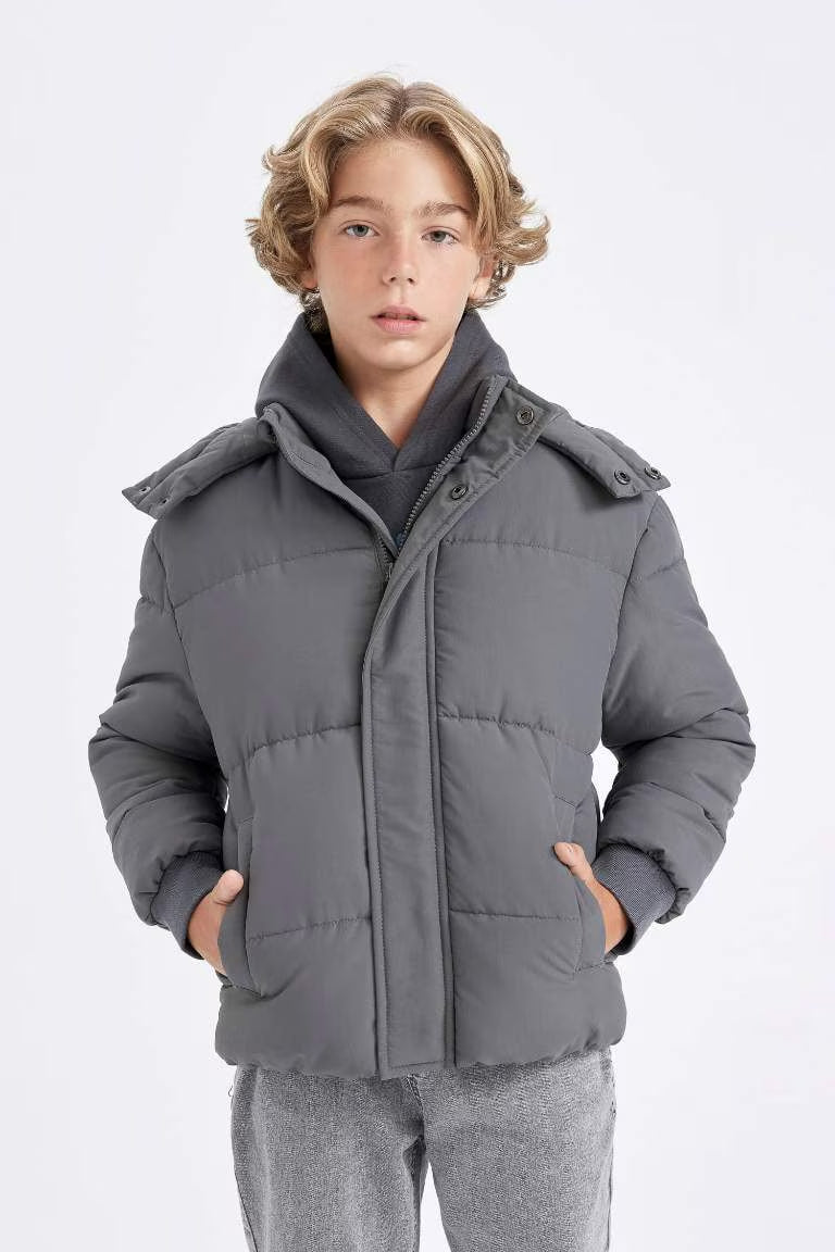 Boy Hooded Water Repellent Puffer Jacket - - anthracite