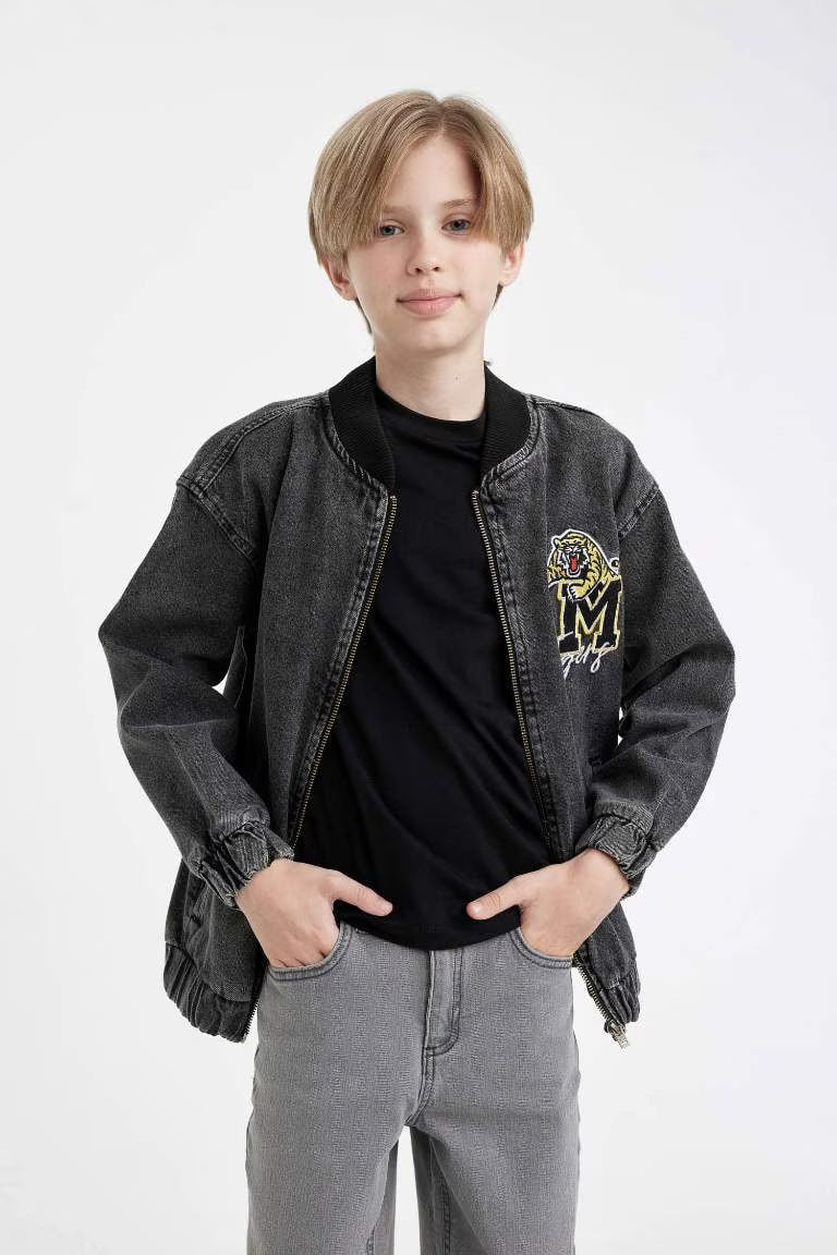 Boy College Collar Bomber Denim Jacket - -