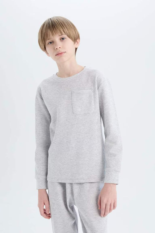 Boy Waffle Crew Neck Top Bottom 2 Piece Pajama Set - - Heather