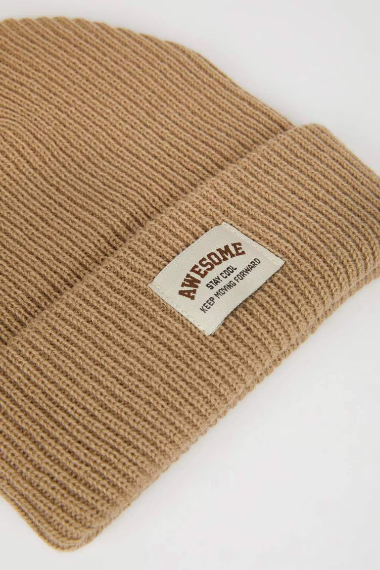 Boy Woven Labeled Ribbed Knitted Beanie - - Beige Standard