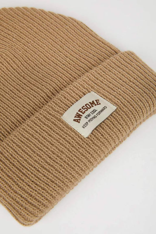 Boy Woven Labeled Ribbed Knitted Beanie - - Beige Standard