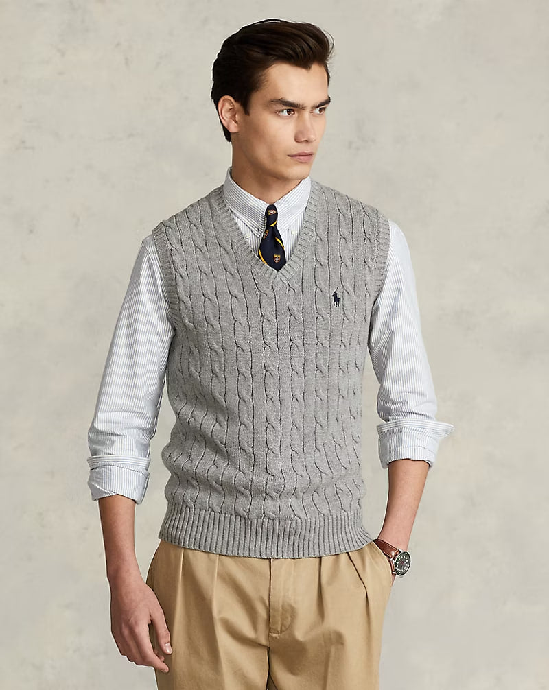 Cable-Knit Cotton Sweater Vest - - Gray