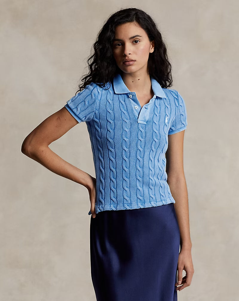 Cable-Knit Polo Shirt - - Bay Blue