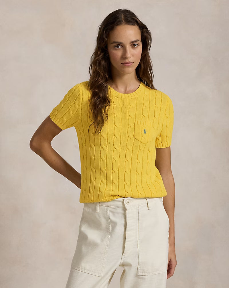 Cable-Knit Cotton Short-Sleeve Sweater - - Yellow