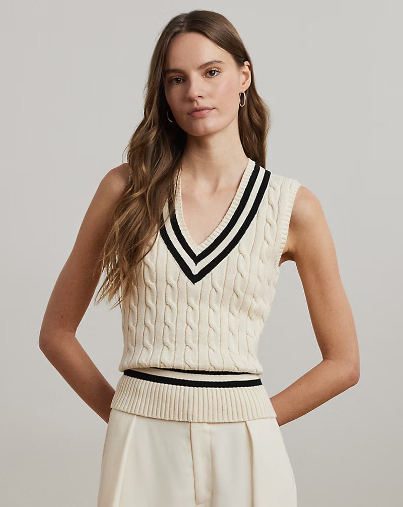 Cable-Knit Cotton Cricket Sweater Vest - -