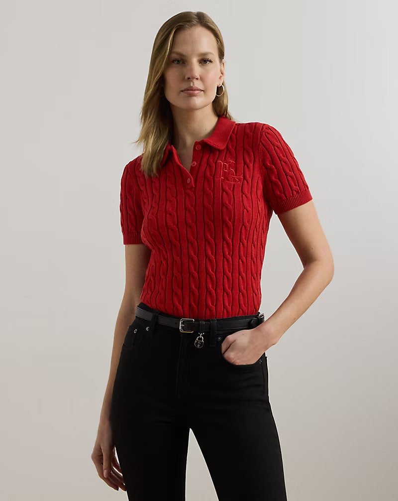 Cable-Knit Cotton Polo Sweater - - Red