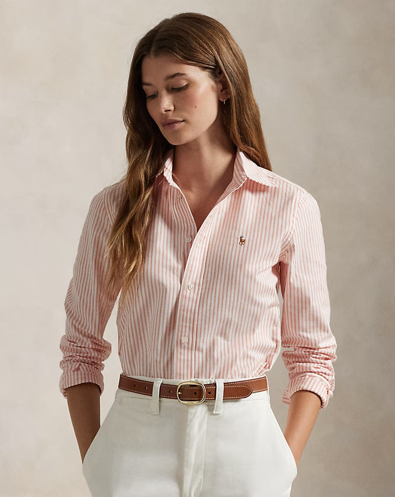 Stretch Slim Fit Striped Oxford Shirt - - Orange