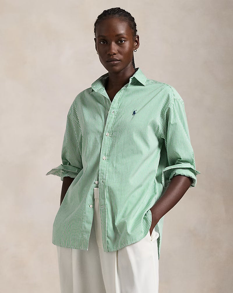 Relaxed Fit Striped Cotton Shirt - - Green