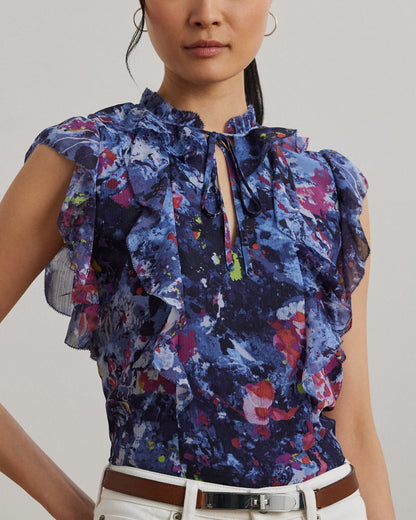 Print Ruffle-Trim Georgette Blouse - - Floral