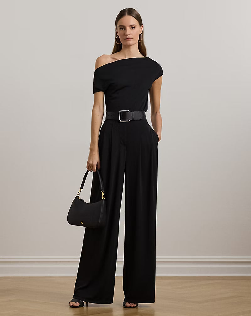 Pleated Stretch Jersey Wide-Leg Pant - - Black