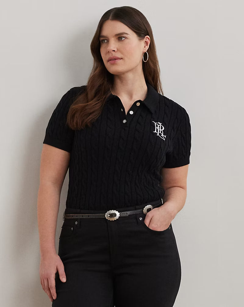Cable-Knit Cotton Polo Sweater - - Black