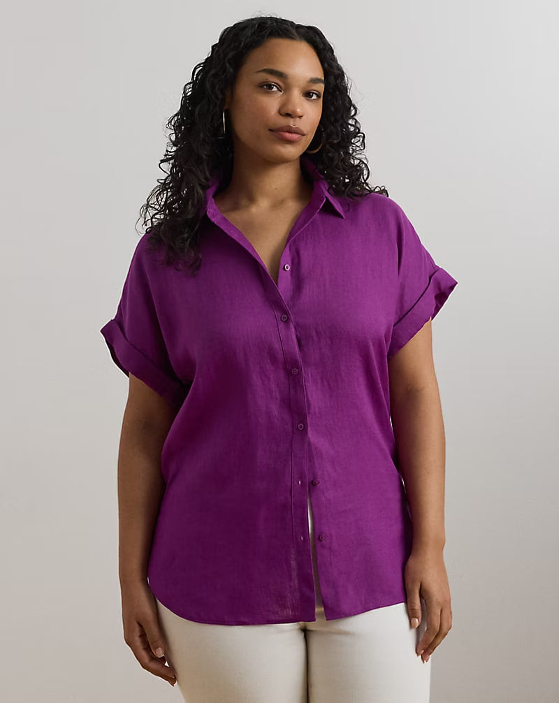 Relaxed Fit Linen Short-Sleeve Shirt - - Purple