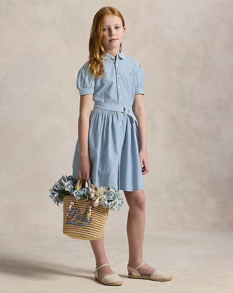 Belted Indigo Chambray Shirtdress 7-16 - -