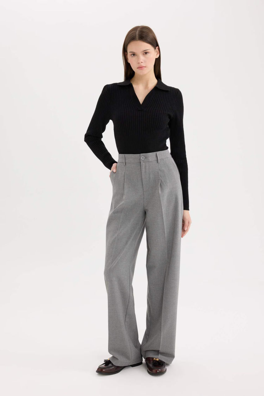 Basic Double Pocketed High Waist Wide Leg Classic Fabric Trousers - - Heather