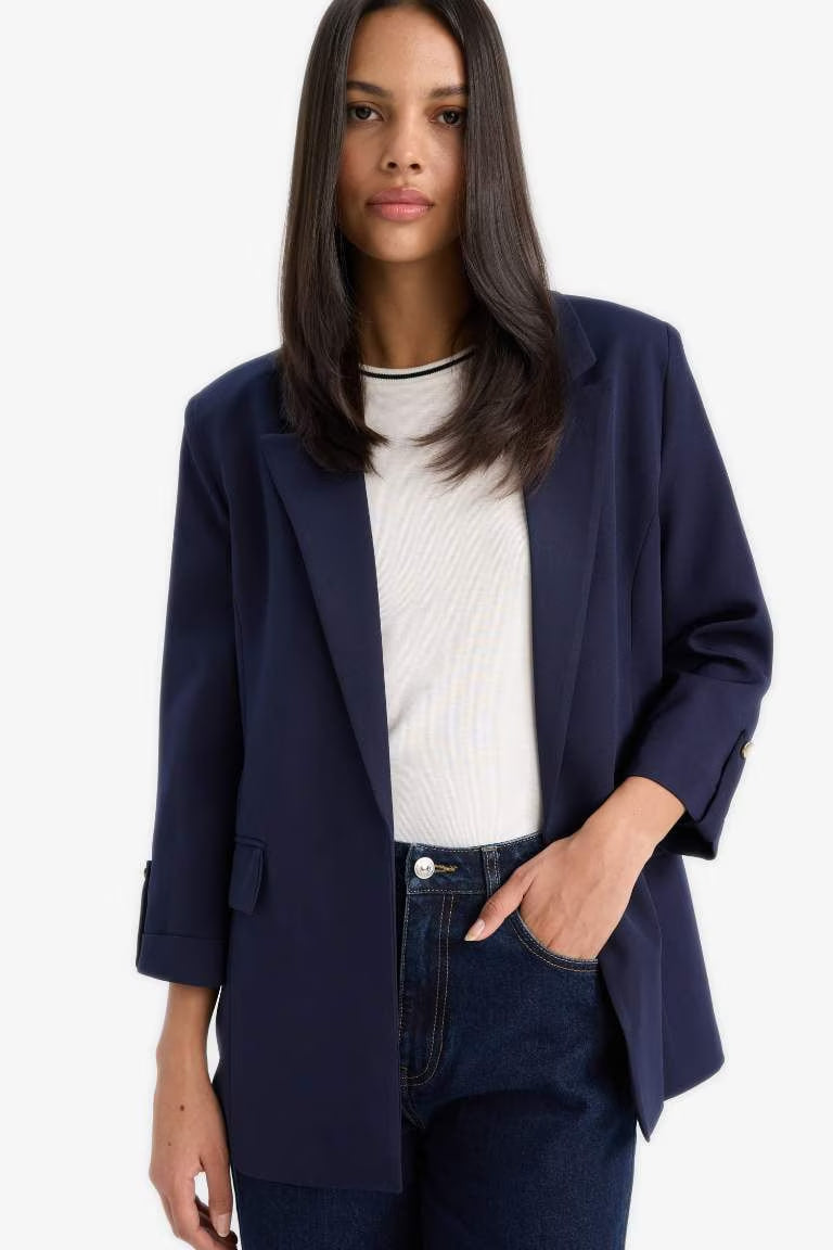 Regular Fit Square Collar Blazer - - Navy