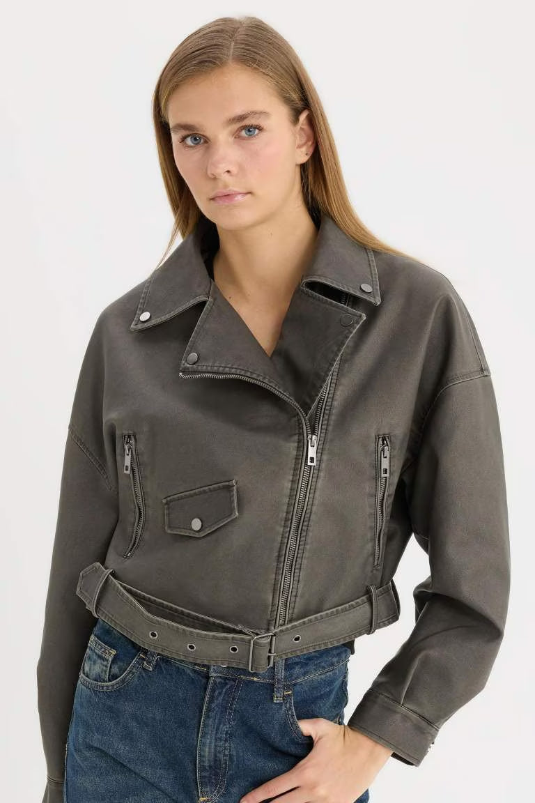 Zippered Closure Pocket Belted Waterproof Faux Leather Jacket - - Gray