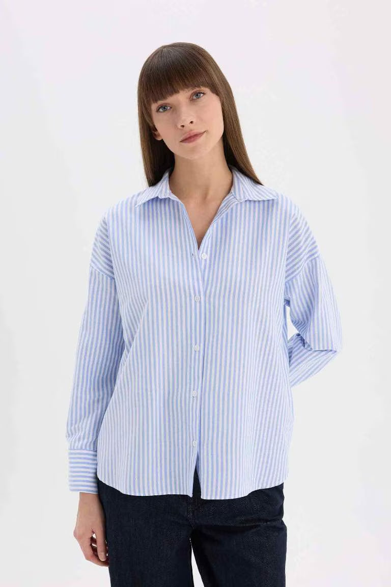 Oversize Fit Shirt Collar Oxford Striped Long Sleeve Shirt - - sky