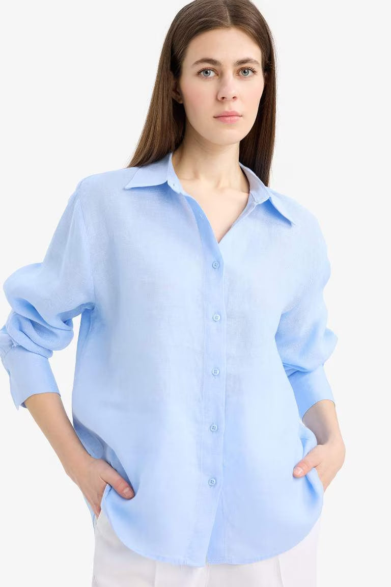 Oversize Fit Linen Long Sleeve White Shirt - - sky