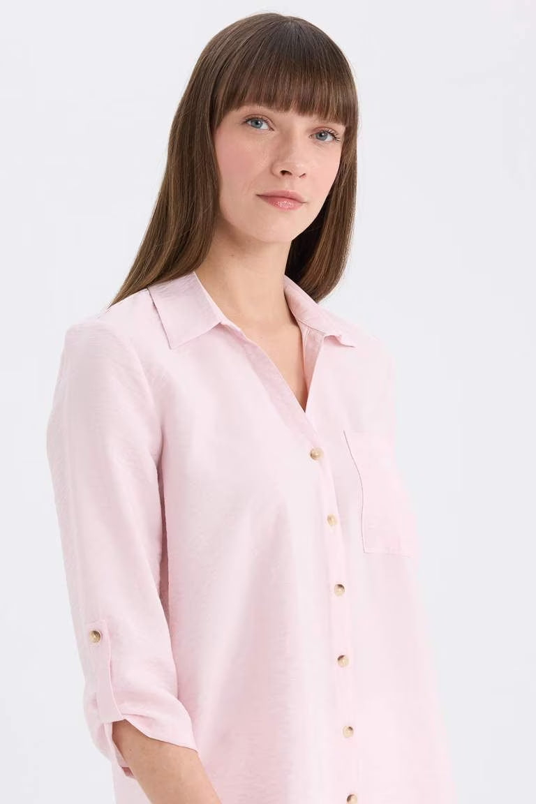 Regular Fit Shirt Collar Long Sleeve Shirt - - Pink