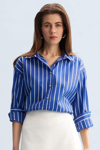 Oversize Fit Shirt Collar Poplin Printed Long Sleeve Shirt - -
