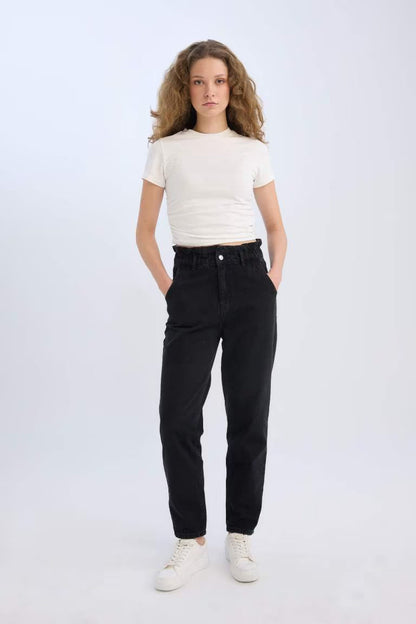 Paperbag Elastic Waist Ankle Length Jeans - - Black