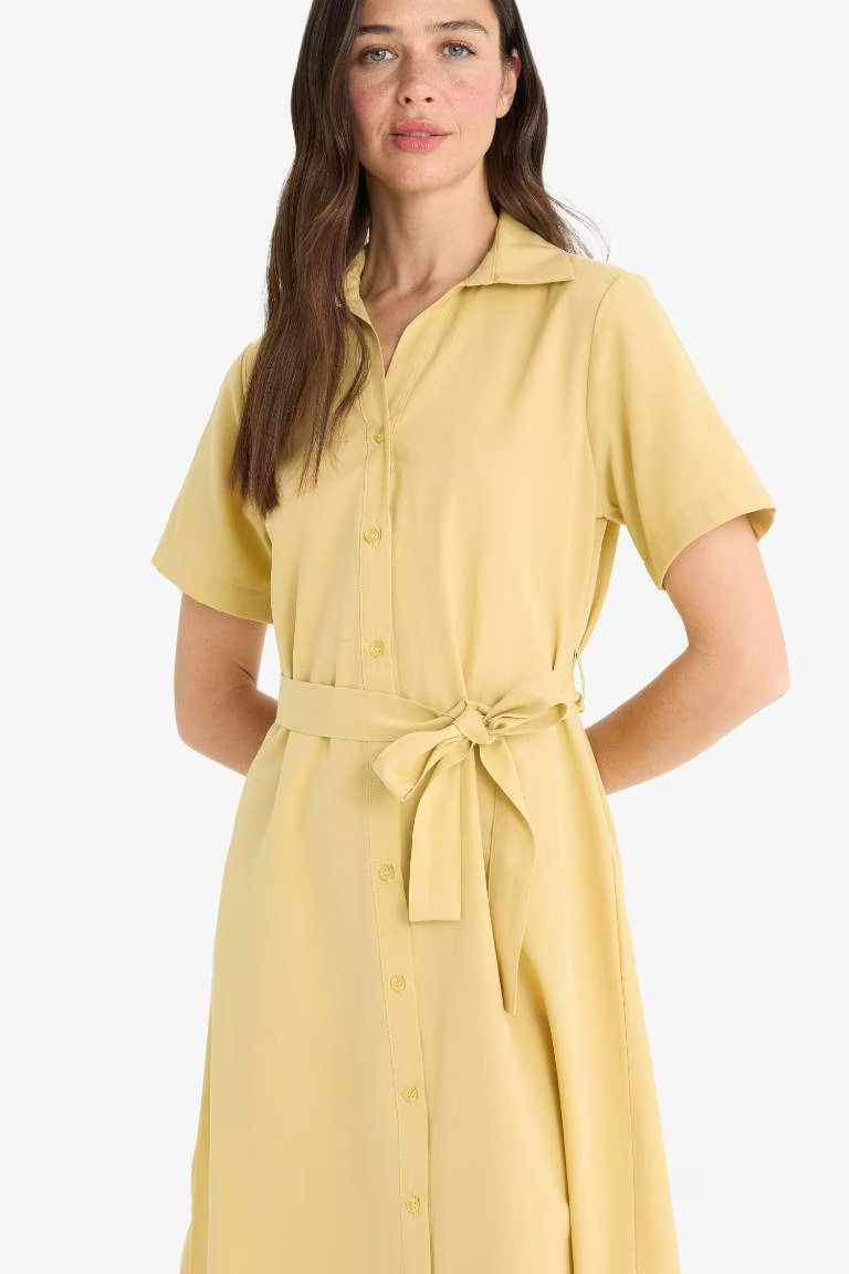A Cut Shirt Collar Poplin Short Sleeve Midi Dress - - Yellow