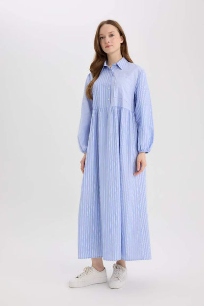 Relax Fit Shirt Collar Patterned Poplin Long Sleeve Maxi Dress - -