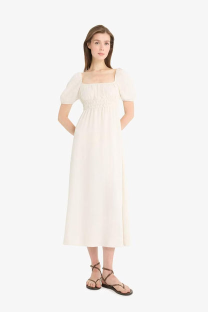 Square Collar Linen Blend Short Sleeve Midi Dress - -