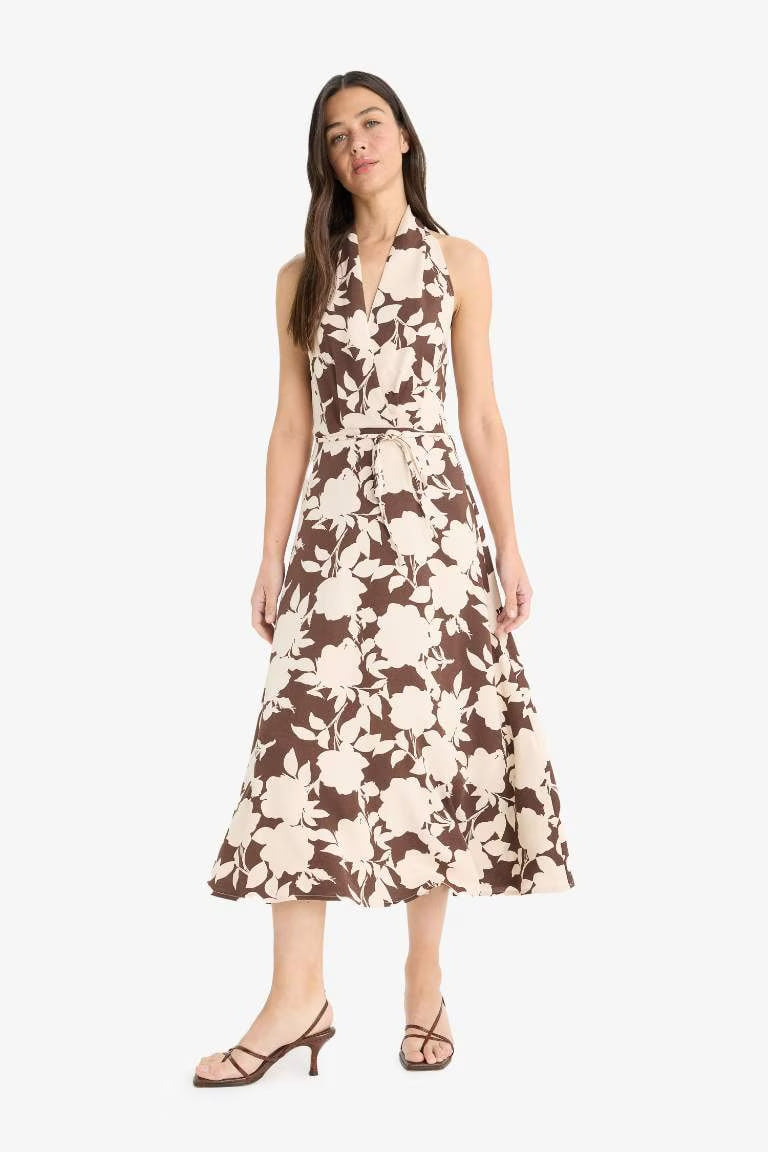 Linen Blend Halter Neck Floral Patterned Maxi Dress - -