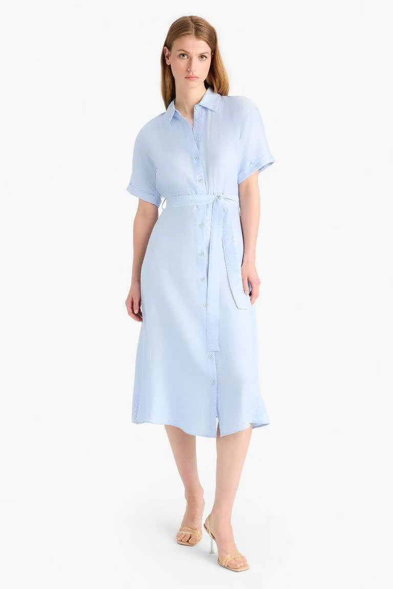 Shirt Collar Belted Short Sleeve Red Midi Dress - - sky