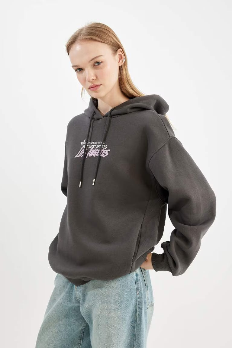 Oversize Fit Hooded Printed Thick Sweatshirt - - anthracite