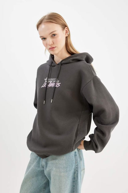 Oversize Fit Hooded Printed Thick Sweatshirt - - anthracite