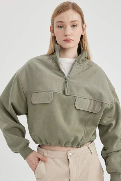 Zipper Collar Thick Fabric Crop Sweatshirt - - khaki