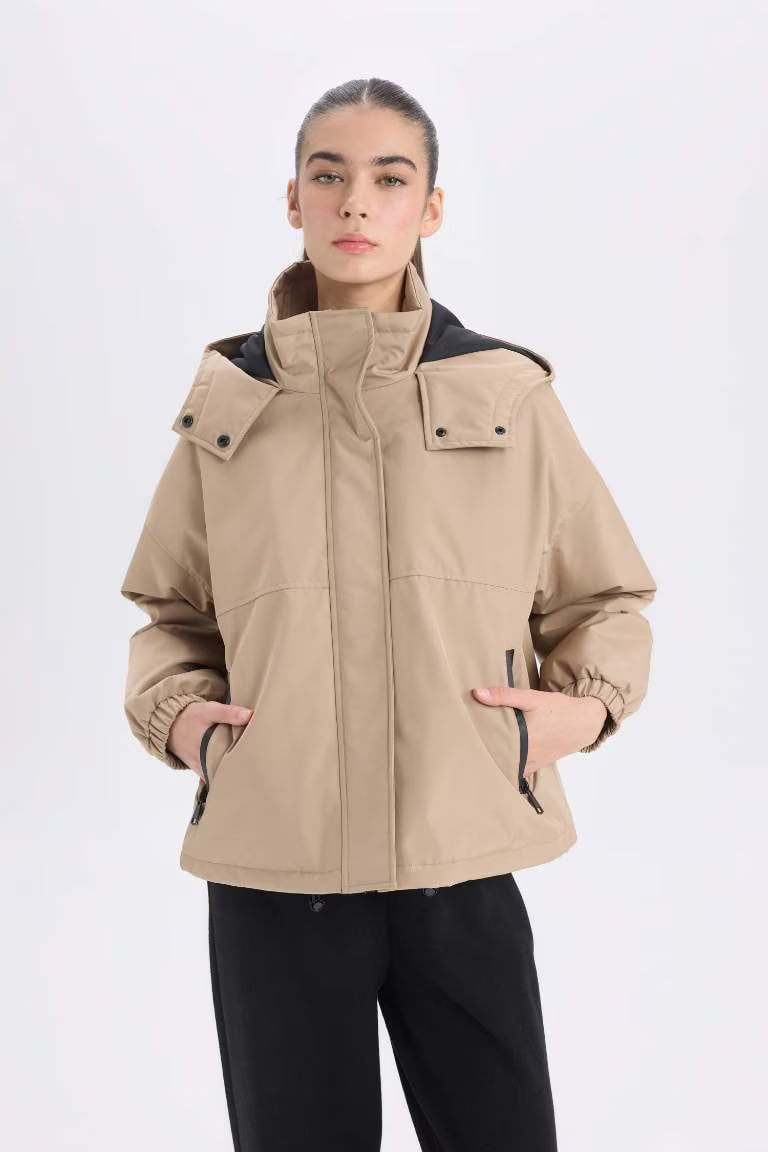 Hooded Zippered Snap Pocket Waterproof Jacket - - Beige
