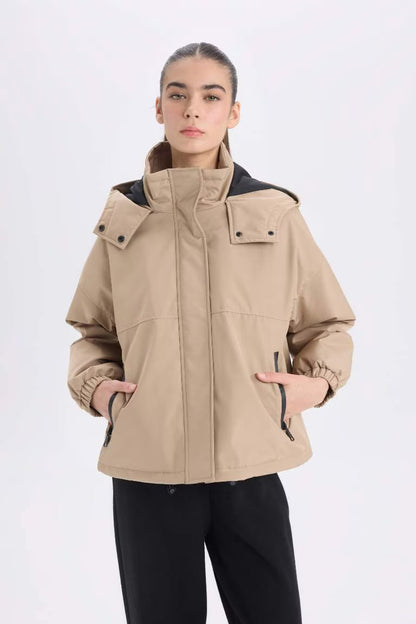 Hooded Zippered Snap Pocket Waterproof Jacket - - Beige