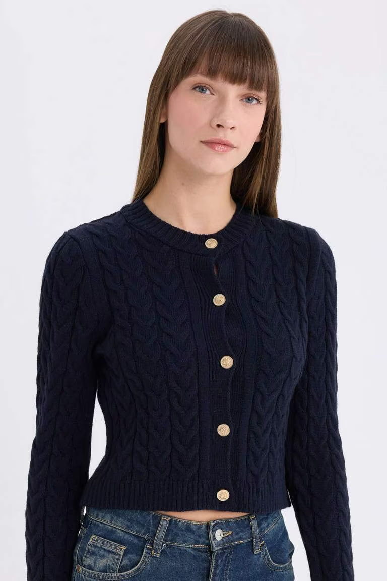 Regular Fit Crew Neck Knitted Buttoned Knitwear Cardigan - - Navy
