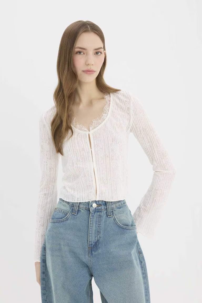 Slim Fit V-Neck Lace Cardigan - -