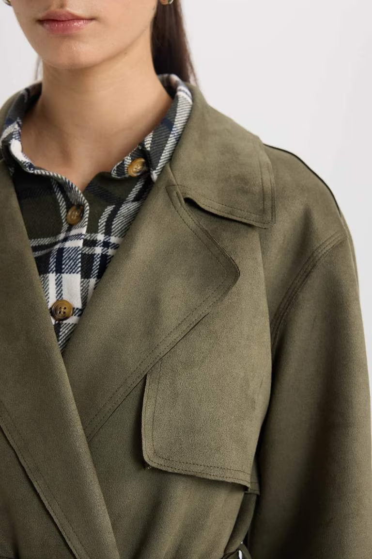 Regular Fit Suede Trenchcoat - -