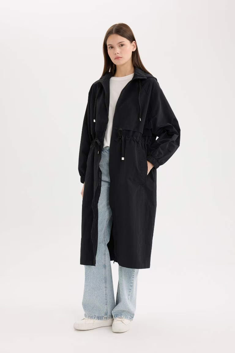 Hooded Zipper Closure Pocket Drawstring Waist Long Waterproof Raincoat - -