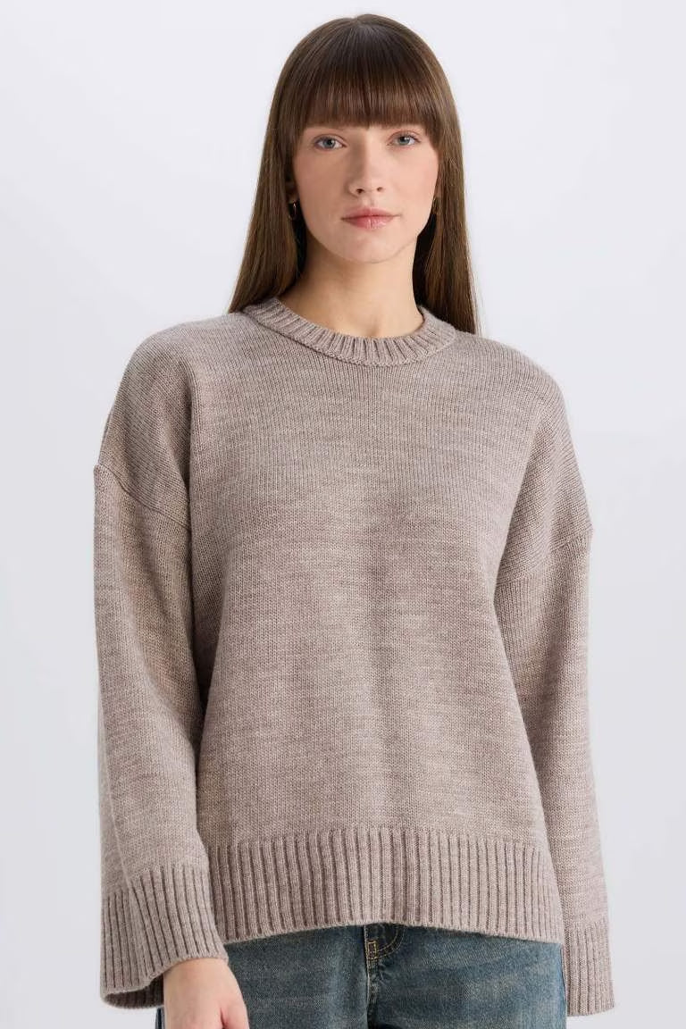 Oversize Fit Crew Neck Basic Knitted Pullover - - Vision