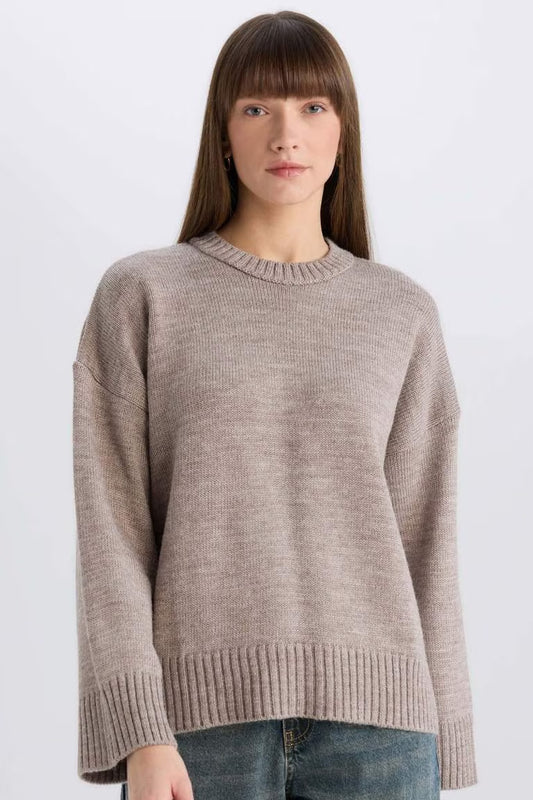 Oversize Fit Crew Neck Basic Knitted Pullover - - Vision