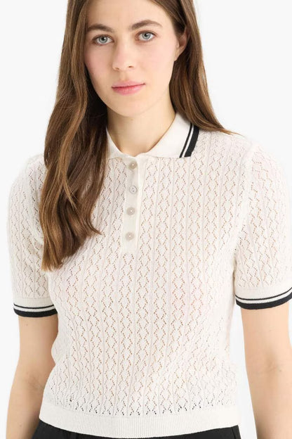 Regular Fit Polo Collar Pullover - - Ecru