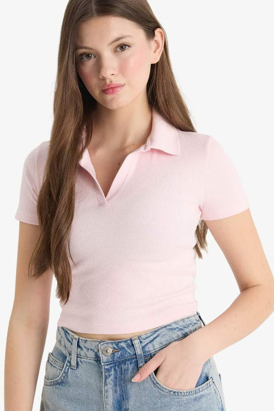 Slim Fit Polo Collar Camisole Short Sleeve T-Shirt - - Pink