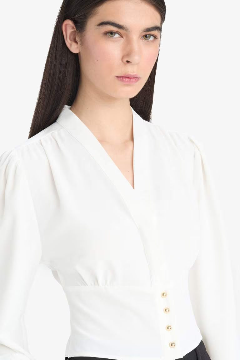 Slim Fit V-Neck Long Sleeve Blouse - - Ecru