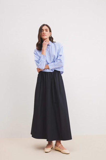 A Cut Flexible Waist Parachute Fabric Maxi Skirt - - Navy