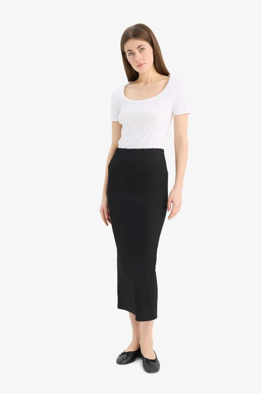 High Waist Combed Cotton Lining Ribbed Midi Skirt - - Black