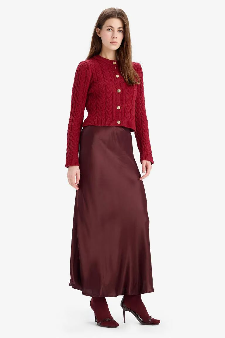 A Cut Satin Normal Waist Midi Skirt - - bordeaux