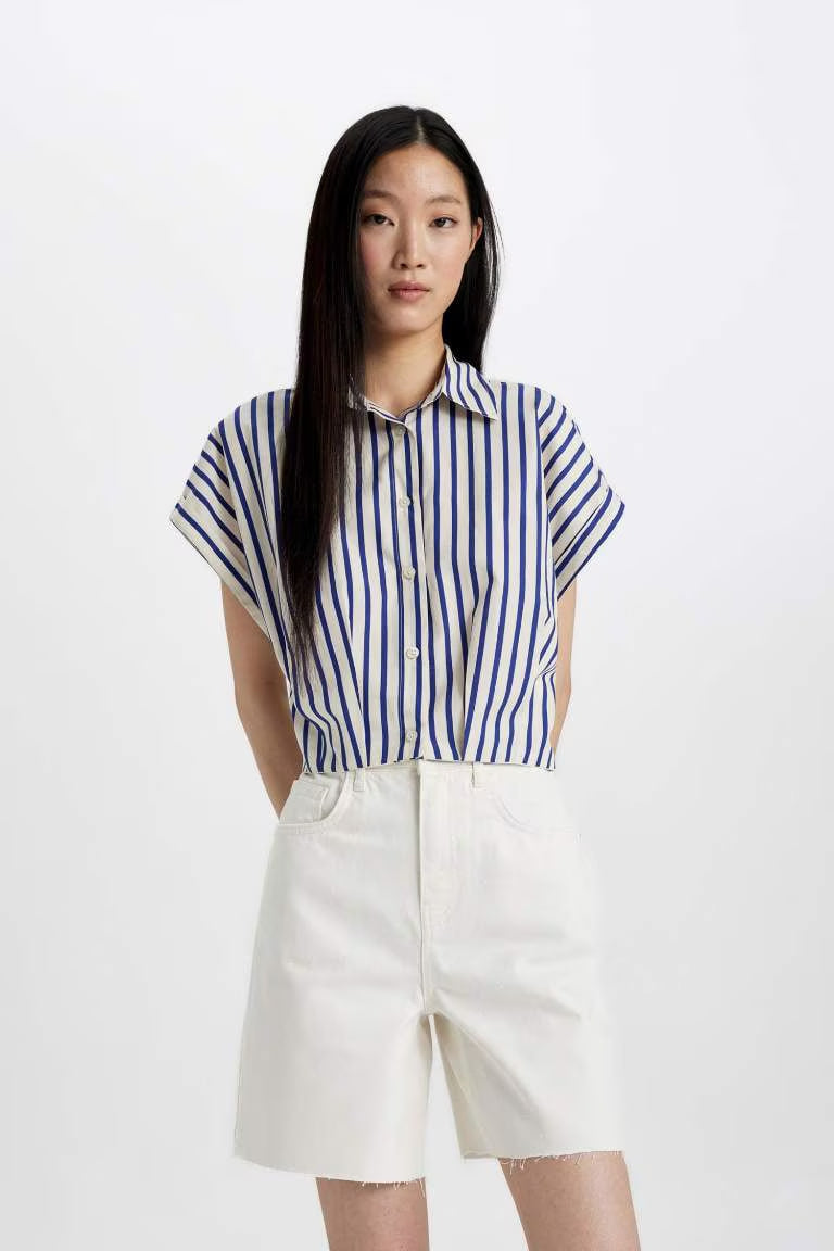 High Waist Denim Bermuda - - White